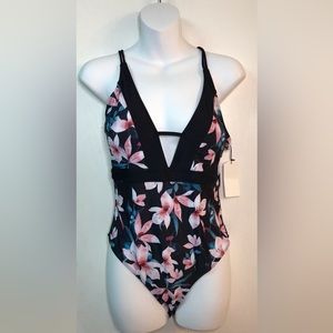 Sporlike NWT Sz Small tropical pink floral print. Swimsuit V neck.